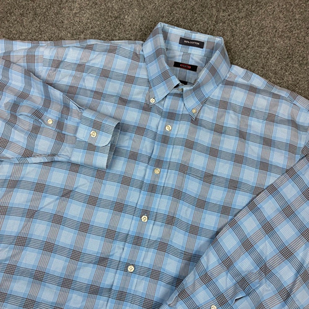 Overton Mens Large Blue Plaid Long Sleeve Button Down 100% Cotton Shirt